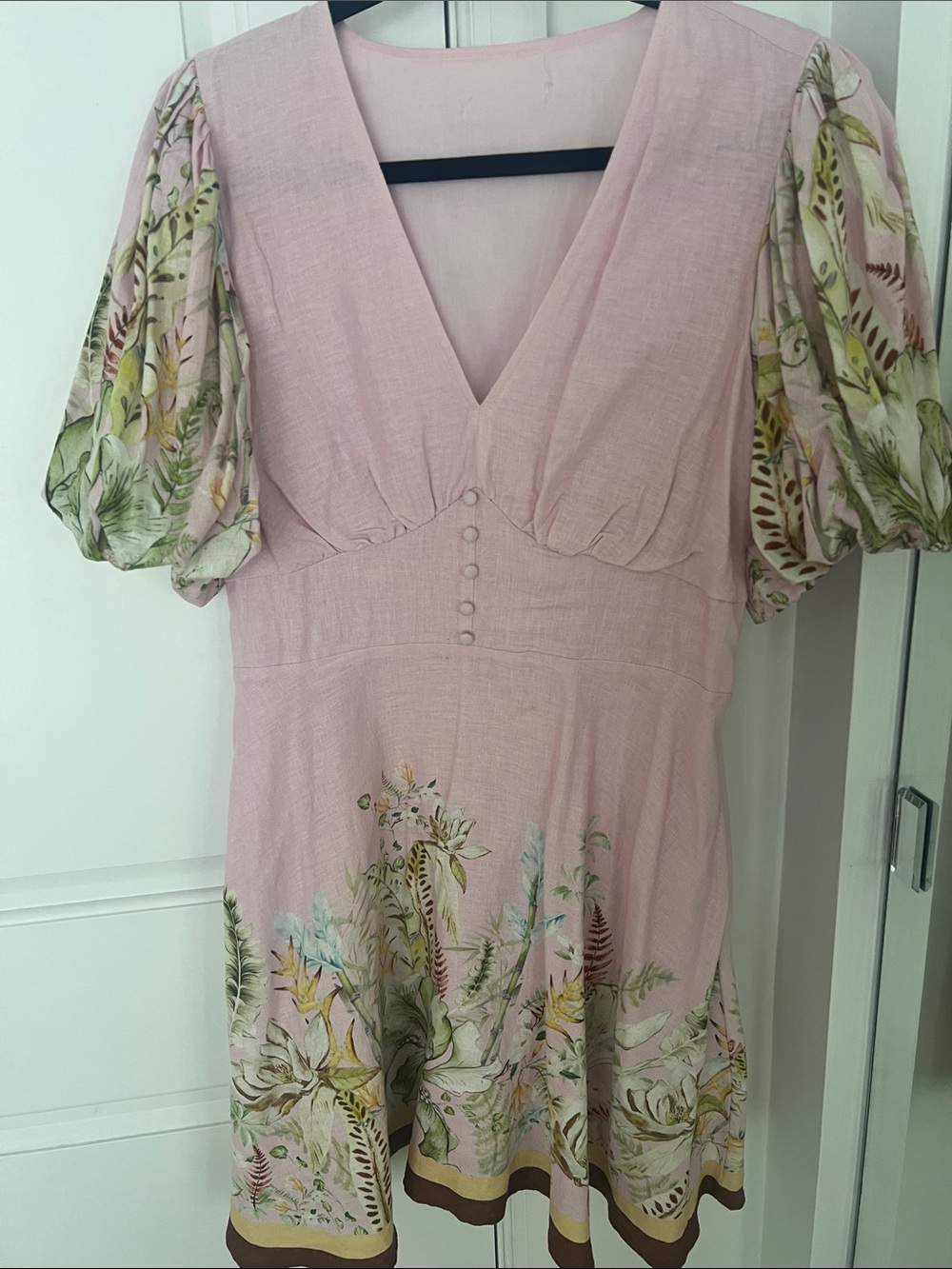 Probably Caroline Constas Dusty Pink Mini Dress with Botanical Puff Sleeves